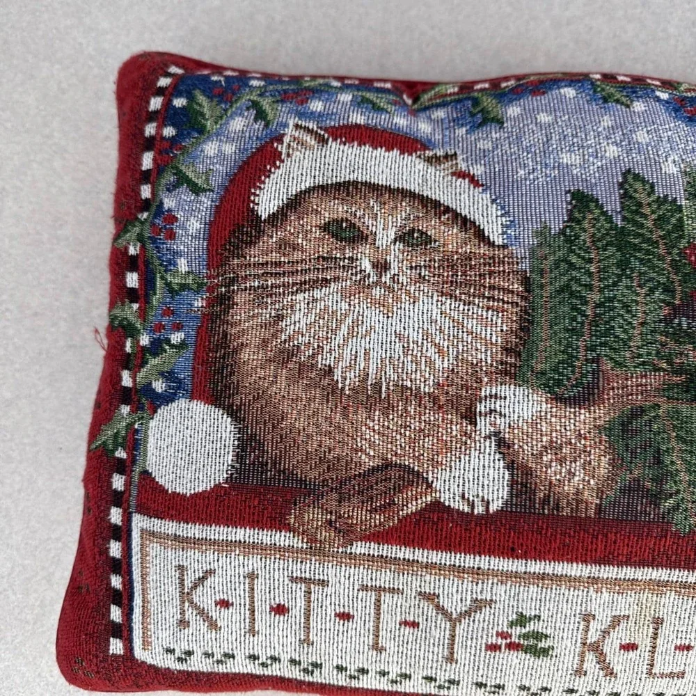 Vintage Embroidery Needlepoint Tapestry Christmas Kitty‎ Klause Cat Red Pillow